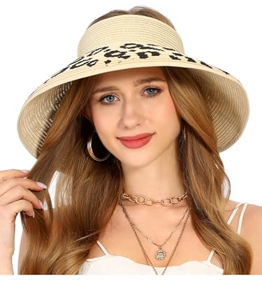 sy soul young Sommerhut für Damen Strohhut Sonnenhut Ponytail Loch Wide Brim Faltbar uv Schutz 50 Hut Packable visorencap(Beige mit Leopard 2)
