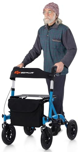 Goplus Rollator Walkers for Seniors with Seat, Foldable Rolling Walker with 9.5” All Terrain Pneumatic Wheel, Supports up to 300 lbs, Heavy Duty Bariatric Rollator Walker for Adult