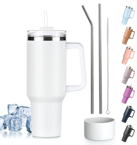 Tuocal 40oz Tumbler with Straw Lid and Handle + 2 Stainless Steel Straws + Silicone Boot, 1180 ml Double Wall Vacuum Insulated Cup, Car Coffee Mug, Travel Water Bottle for Hot Iced Coffee, White