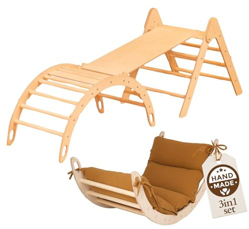 WoodsCraft 3in1 Set: Kletterdreieck mit Rutsche Indoor/Klettern Rampe & Kletterbogen mit Kissen | Holz Montessori Klettergerüst Indoor Spielgeräte & Spielplatz | Klettern Kinder Indoor & Klettern Baby