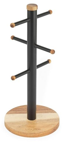Salter BW13566EU7 Toronto Mug Tree – Acacia Wood Cup Holder for Kitchen Countertop Tabletop, 6 Branch Display Stand for Coffee Mugs/Tea Cups, Freestanding Sturdy Steel Storage Rack, Black