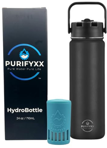 PURIFYXX HydroBottle | Stainless Steel Filtered Water Bottle, 24 oz | BPA-Free, Removes Lead, Chlorine, Arsenic, VOCs | Filter Lasts 3 Months, Replaces 568 Plastic Bottles (Black)