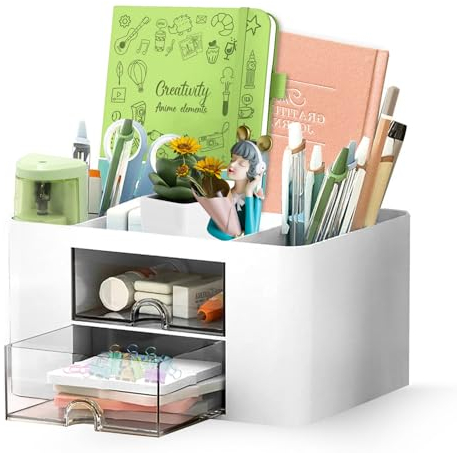 Schreibtisch Organizer 7 Fächer Stiftehalter Schreibtisch Tisch Büro Organizer mit Schublade Multifunktionaler Schreibtisch Organizer für Büro Zuhause Schule Platzsparendes Desk Organizer (Weiß)