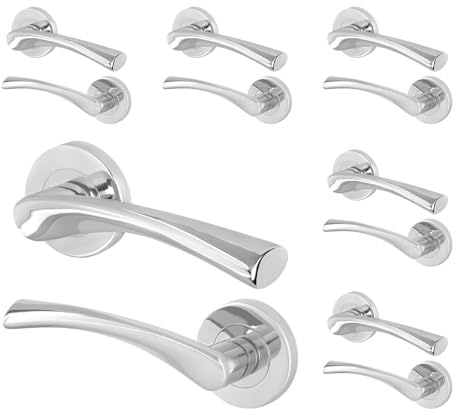 EAI Polished Chrome Door Handles, 6 Pairs Lever on Rose - Novoli | 6 Pairs of Lever on Rose Internal Door Handles, Fixings Included