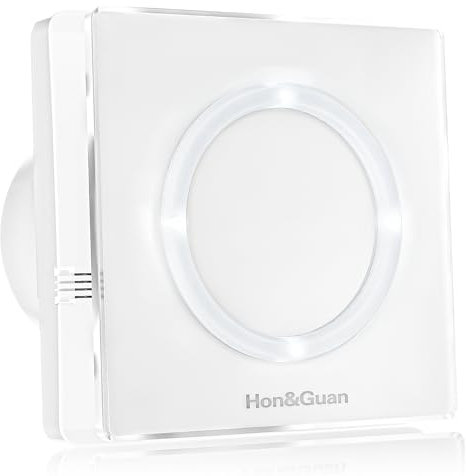 Hon&Guan 100mm Bathroom Extractor Fan with LED Light, Humidity Sensor, Timer Overrun Delay and Interval Time Setting, Glass Cover Automatic Operation 10W 95m³/h Silent 4 Inch Ventilation Fan