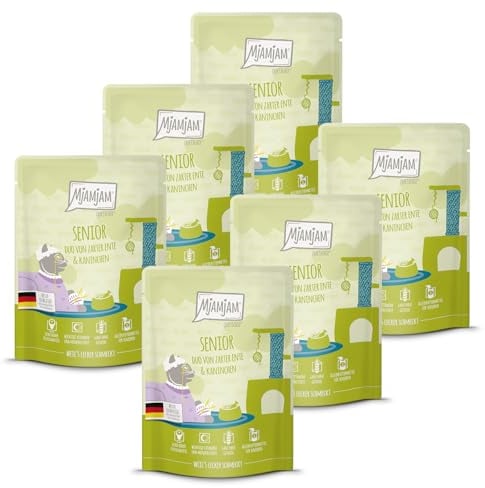 MjAMjAM - Premium Nassfutter für Katzen - Quetschie - Senior - DUO von zarter Ente & Kaninchen, 6er Pack (6x300g), getreidefrei