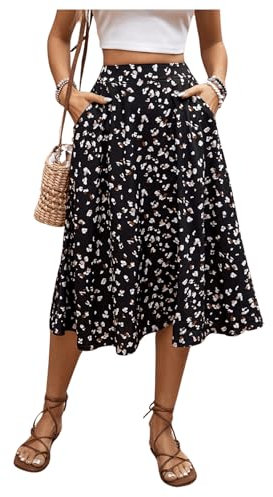 SweatyRocks Strandrock Damen Knielang Plisseerock Langer Rock Mit Tasche Midirock Sommer Blumenrock Mit Elastischem Bund Schwarz L