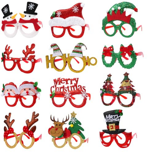 Ainiv Weihnachtsbrillen, 12 Stück Partybrillen Set, Kreative Filz Weihnachten Brillen Party Gläser Cartoon Nette Sortierte Kinder Partybrillen Lustige Brille für Partydekoration