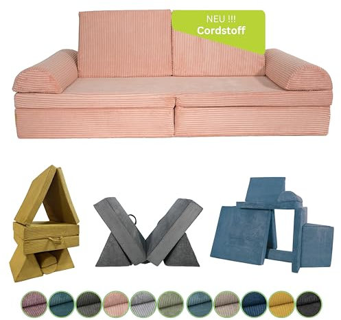 Pillows24 Kindersofa mit Schlaffunktion | Weiches Spielsofa aus Cordstoff | Bequemes Kinder Sofa mit abnehmbaren Bezügen | Ergonomische Kindercouch für Spielzimmer – Fancy Spielsofa für Kinder