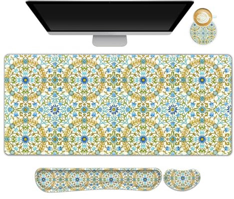 ARTSO Large Gaming Mouse Pad with Wrist Rest Wrist Support, Ergonomic Keyboard Mat Wrist Rest Desk Pad, Home Office Desk Accessories Decor Supplies, Blue Green Bohe Flower Plant