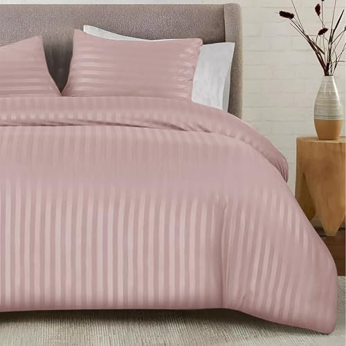 SSW HOMES Parure de lit en satin à rayures avec housse de couette et taies d'oreiller en microfibre ultra douce hypoallergénique (rose poudré, 220 x 230 cm)