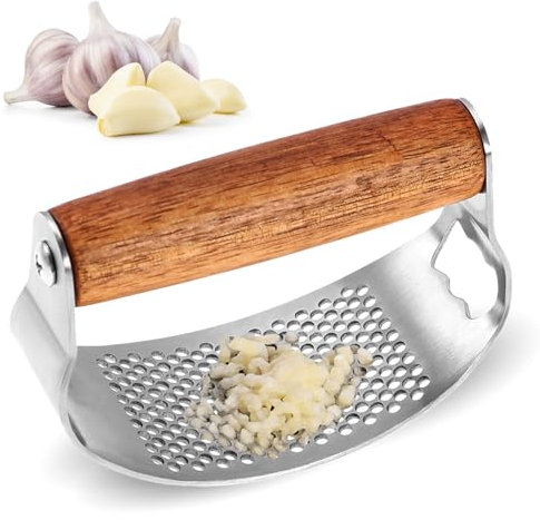 Garlic Press, 2025 Multi 2 in 1 Stainless Steel Garlic Press Crusher with Wooden Handle, Garlic Mincer Grater Grinder with Can Opener, Efficient and Ergonomic Kitchen Tools (1)