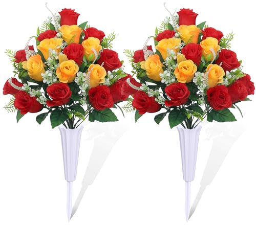 LOSFOTBO 2 Stück Künstliche Friedhofsblumen, Grabschmuck Blumen mit Vase, Grabschmuck Rosen für Friedhof Grabsteine Dekoration (Rot Gelb)