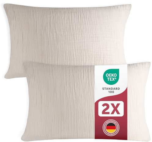 Blumtal Musselin Kissenbezug 40x80 cm 2er Set - OEKO-TEX zert. Musselin Kopfkissen 40x80 Bezug 100% Baumwolle - extra weiches Kissen-Set waschbar bei 40 °C - atmungsaktive Sommer Kopfkissenbezüge Grau