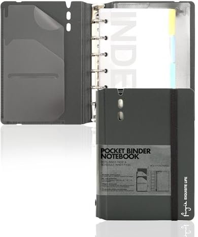 CAGIE Ringbuch A7 Nachfüllbar Binder 6 Ring Notizbuch mit Register Loses Blatt Diary mit Taschen Nachfüllpackung Enthält Planquadratlineal und Punktseiten, 4.13 x 5.71 In, Grau