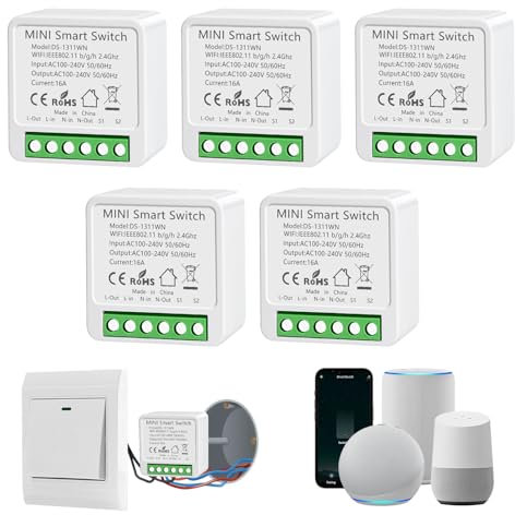 Interruptor WiFi Smart Life, 16A Relé Interruptor Inteligente Wi-Fi & Bluetooth, 2.4g Smart Light Switch Compatible con Asistente de Voz y Tuya, Smart Switch Alexa, Requiere Cable Neutro (5 piezas)