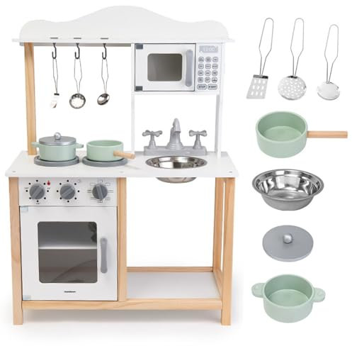 Mamabrum Cucina Giocattolo per Bambini in Legno - Cucina Completa con Forno, Microonde e Lavello - Set Montessori con Accessori e Suoni Meccanici per Bimbi da 3 Anni