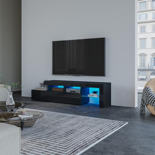 LED TV Stand, Modern High Gloss Front TV Stand Cabinet with 3 Drawers, 3 Open Shelves and 1 Large Compartment, Entertainment Center, Gaming TV Cabinet for Living Room Bedroom Office Home, Black