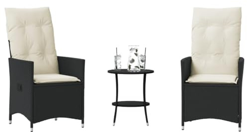 3-TLG. Bistro-Set mit Kissen, Schwarz Poly Rattan, verstellbarem Gartensessel, runder Tisch, cremeweiße Polster, für Garten, Balkon, Terrasse