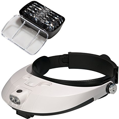 Covvy Cabeza Lupa Gafas con 2 Luces Led, 5 Lentes Intercambiables, Lupa de Cabeza Ajustable para Leer, Lupa Joyería, Electrónico Reparación