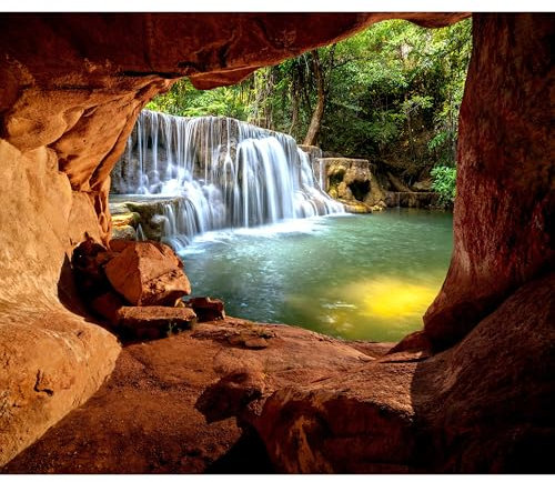 decomonkey - Papier Peint Panoramique Cascade Chute d'eau Foret 350x256 cm - Décoration murale – Tapisserie décorative pour chambre salon - Montagnes pierre paysage forêt nature fond eau cascade