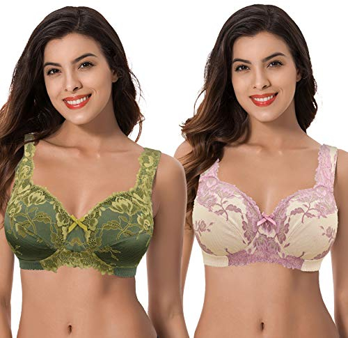 Curve Muse Women's Plus Size Minimizer Unlined Wirefree Lace Full Coverage Bras-2Pack-Deep Lichen Green, Nude-46DDD (EU:105F)