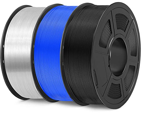 SUNLU PETG Filament 1,75 mm 3KG, 3D Druckerfilament Bundle, Verbesserte Zähigkeit Hohe Schlagfestigkeit, Geeignet für die Meisten FDM 3D Drucker, 1kg pro Spule, 3 Rollen, Schwarz + Blau + Transparent