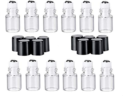 12 Pcs 2ml Mini Clear Glass Roll-on Bottles Empty Refillable Essential Oil Glass Roller Ball Bottle Perfume Lip Gloss Cosmetic Sample Vials Container with and Black Cap