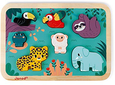 Janod - Chunky Puzzle ‘Urwald’ aus Holz - Greifpuzzle mit 7 Teilen - Entdecke die Tiere des Dschungels - Farben auf Wasserbasis - WWF-Partnerschaft - FSC-Zertifiziert - Ab 18 Monaten, J08621