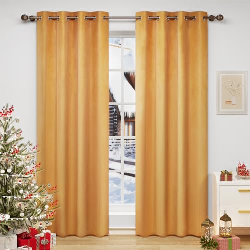 WOLTU Lot de 2 Rideaux Draperies Thermique à Oeillets Rideau Opaque Occultant en Velours Décoration de Fenêtre pour Chambre Jaune Moutarde, 140x270 cm