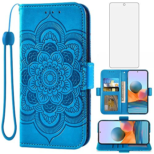 Asuwish Funda para Xiaomi Redmi Note 10 Pro/10Pro MAX con Cristal Templado Protector Pantalla Vidrio Pelicula Protectora Libro Cuero Piel Tarjetero Note10 ProMax M2101K6G Tapa Carcasa Capa Case Azul