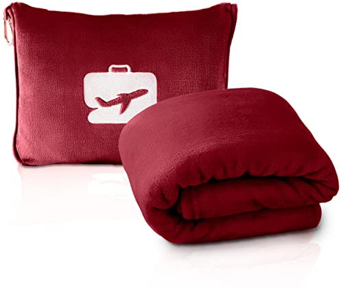 EverSnug Reisedecke und Kissen – weiche 2 in 1 Flugzeugdecke mit weichem Taschen-Kissenbezug, Handgepäckhülle und Rucksackhalterung (Burgunderrot)