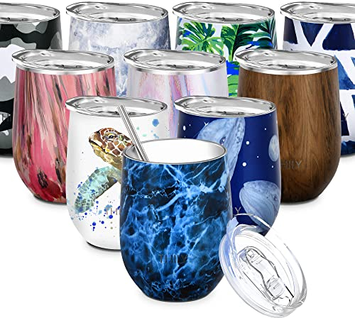 THILY Wine Tumbler Stainless Steel Insulated 350 ml Stemless Wine Glass with Slide Lid and Metal Straw, Travel Cup Keep Cold for Coffee, Cocktails, Abysmal Sea