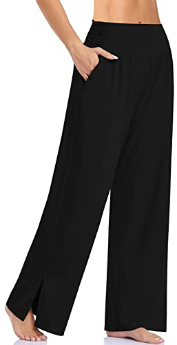 Cegerne Damen Palazzo High Waist Haremshose Yogahose Stretch Stoffhose Weite Jogginghose Sport Activewear Hose Traniningshose mit Schlitz, Schwarz01, L