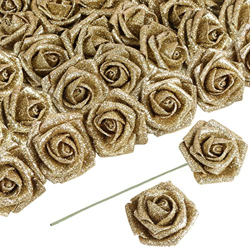 ICBOX Künstliche Blumen – goldene Glitzer-Rosen, 5,5 cm Schaumstoffrosen mit Stiel für Hochzeit, Zuhause, Party, DIY-Brautstrauß, Tafelaufsätze, Dekoration, 30 Stück