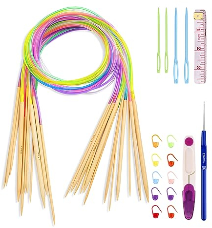 Coopay Bambus Rundstricknadeln Set, 18 Stück 120cm Doppelspit Stricknadeln Rundstricknadel mit Strickzubehör und Häkelnadeln, Natur Bambus Rundstricknadeln für Anfänger und Profis, 2,0 mm bis 10,0 mm