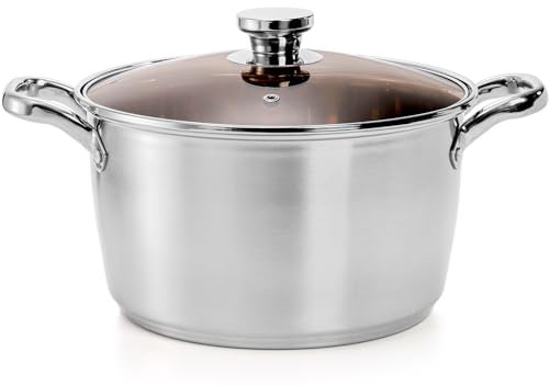 ZEAYEA 6 Quart Stainless Steel Stockpot, Cooking Pot with Glass Lid, Soup Pasta Pot with Double Heatproof Handles for Stew, Sauce and Reheat Food, Dishwasher Safe