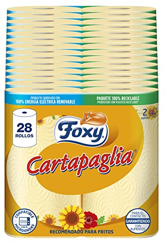 Foxy Cartapaglia | Papel Cocina 28 rollos | Recomendado para fritos | Decorado | Certificación FSC | 100% Energía eléctrica renovable | Paquete reciclable producido plástico reciclado