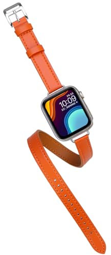 YISIWERA Kompatibel für Orange Apple Watch Armband Damen 42mm 44mm 45mm 49mm Echtes Leder Doppelter Tour Schlank Uhrenarmband für iWatch Series 9/8/7/6/5/4/3/2/1 SE
