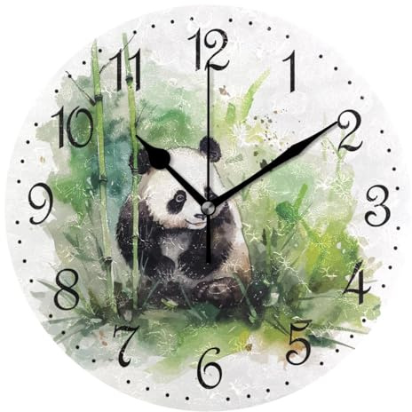 Mnsruu Wanduhr mit niedlichem Panda-Bambus, leise, nicht tickend, dekorative Tiere, Wanduhren, batteriebetrieben, 25 x 25 cm