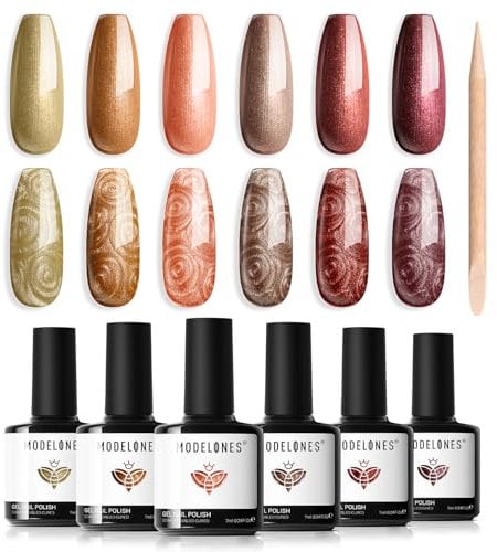 Modelones Pearl Gel Nail Polish, 6 Colors Autumn Brown Mermaid Nail Drawing Gel Polish Swirl Shell Thread Effect DIY Manicure Gifts