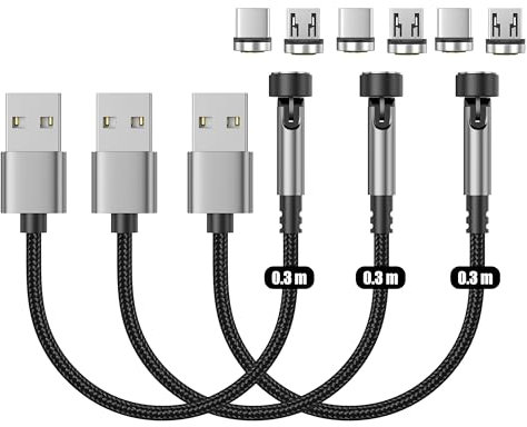 N. NETDOT Gen12 Magnetisches Ladekabel,Schnellladung und Datenübertragung für Micro-USB & USB-C Smartphones - 0.3m/3 Pack schwarz