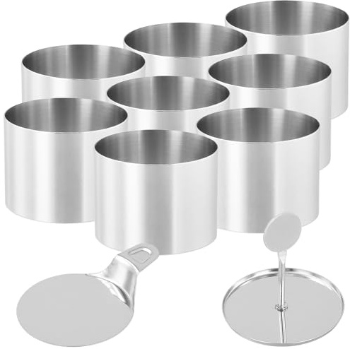 SEUNMUK 10 PCS Round Cake Ring Set, 7.5 x 5.5cm Stainless Steel Crumpet Rings Dessert Rings with Food Press and Spatula for Crumpets Cheesecake Pastry Desserts Cooking Eggs