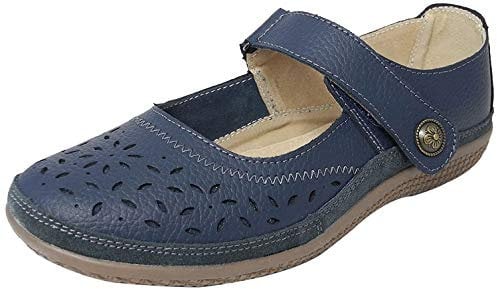 Womens Ladies X Wide EEE Fit Leather Strap Shoes Navy Blue Size 3