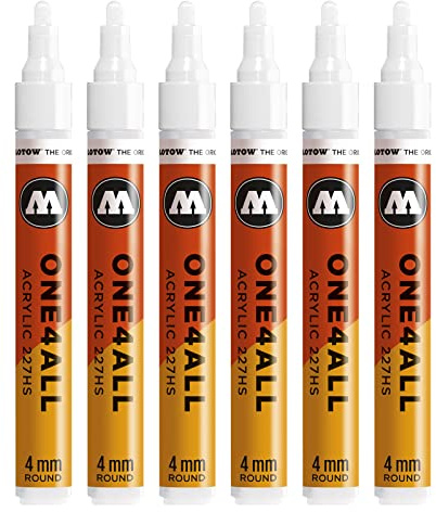 Molotow One4All 227HS Acryl Marker (4,0 mm Strichstärke, hochdeckend und permanent, UV-beständig, für fast alle Untergründe) 6 Stück Farbe 160 signalweiß | 4,0 mm Strichstärke, hochdeckend und permanent, schnell trocknend, UV-beständig, nachfüllbar, für fast alle Untergründe