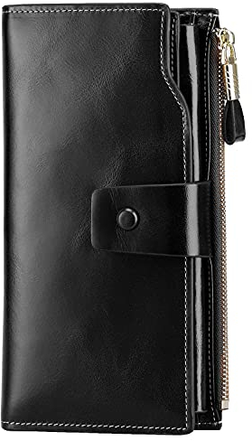 PARVENZA Damen RFID-Geldbörse, Große Kapazität Leder Portemonnaie, 21 Kartenfächer, Gewachstes Leder, Druckknopf, Handyfach, Sicher & Stilvoll Schwarz
