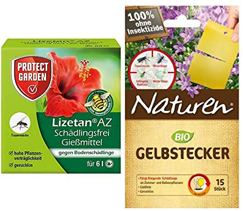 PROTECT GARDEN Lizetan AZ Schädlingsfrei Gießmittel, 30 ml & Substral Naturen Gelbstecker für Topfpflanzen gegen Weiße Fliege, Trauermücke und geflügelte Blattläuse beleimt mit doppelter Schutzfolie