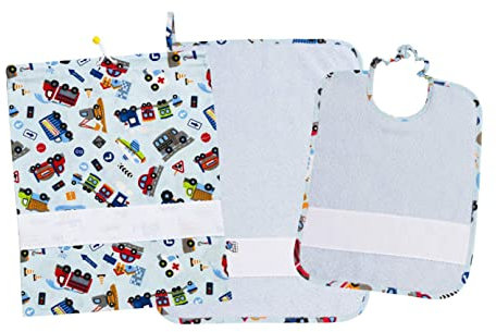 Filet - Set Asilo 3 Pezzi | Sacchetto, Bavaglino e Asciugamano in coordinato | Cotone e Spugna di alta qualità |Inserto in tela aida da ricamare | Stampa Macchinine su fondo azzurro