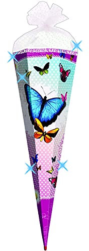 mit 3-D Glitzer Effekt ! - Schultüte - Bunte Schmetterlinge - 85 cm - 6 eckig - Glimmer/Rüschen & Organza Abschluß - Zuckertüte Roth - mit/ohne Holzsp..