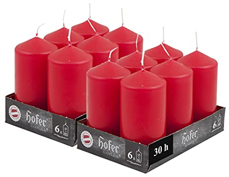 Hofer Stumpenkerzen - Mohnrot - 6 x 12 cm - Lange Brenndauer - 39 Stunden - Unparfümiert - Tropffreie - 12 Stück Kerzen